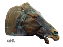 Head of a horse of Selene in Epic Bronze. A well maintained, lightly patinaed outdoor bronze, its muzzle polished bright where people have pet it as they would a real horse.